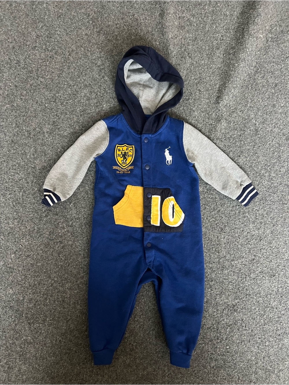 Ralph Lauren Navy & Gray Hooded Baby One-Piece with Yellow Accent size 9 months